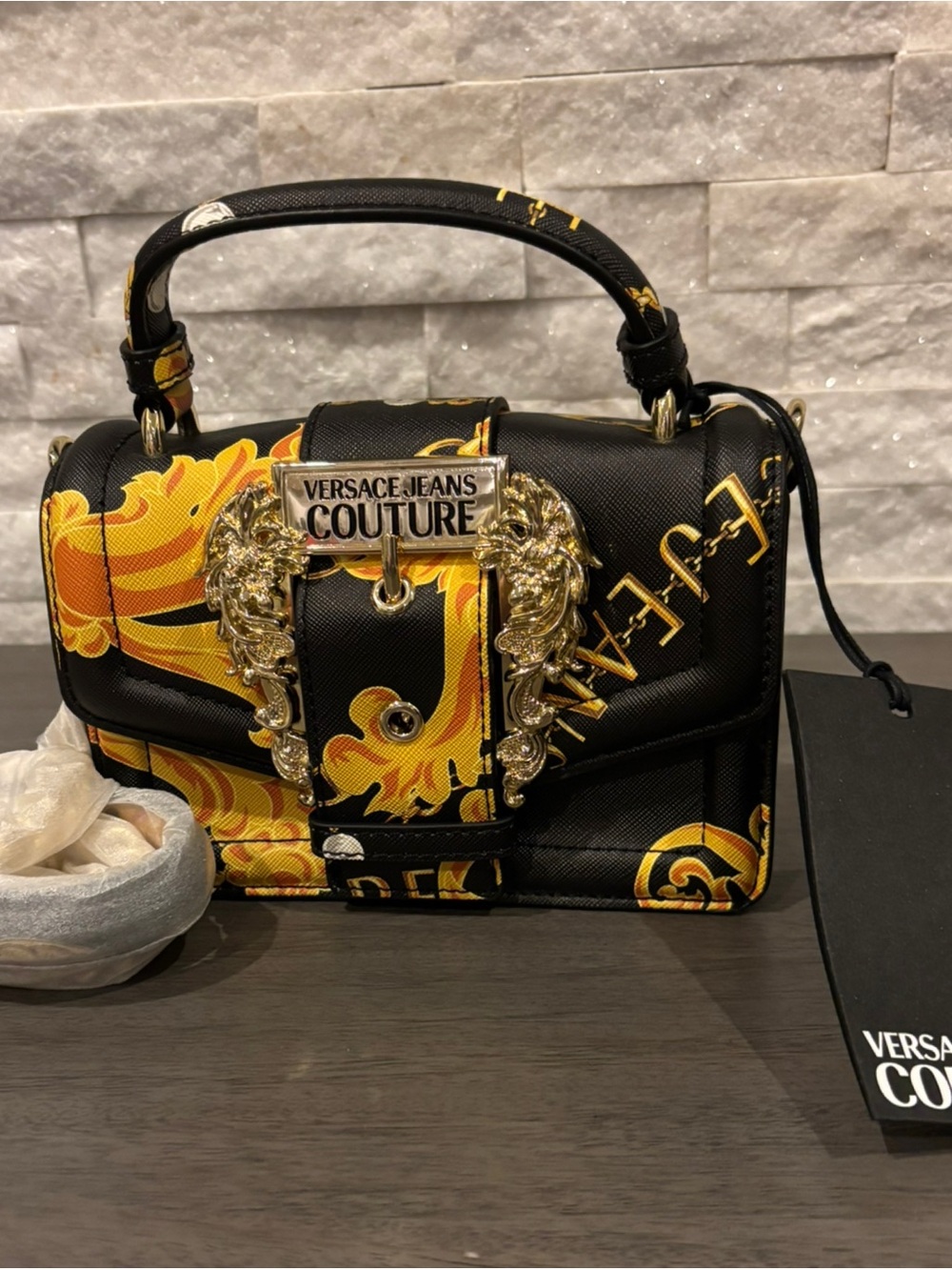 NWT Versace Jeans Couture Black & Yellow Baroque Top-Handle Mini Satchel